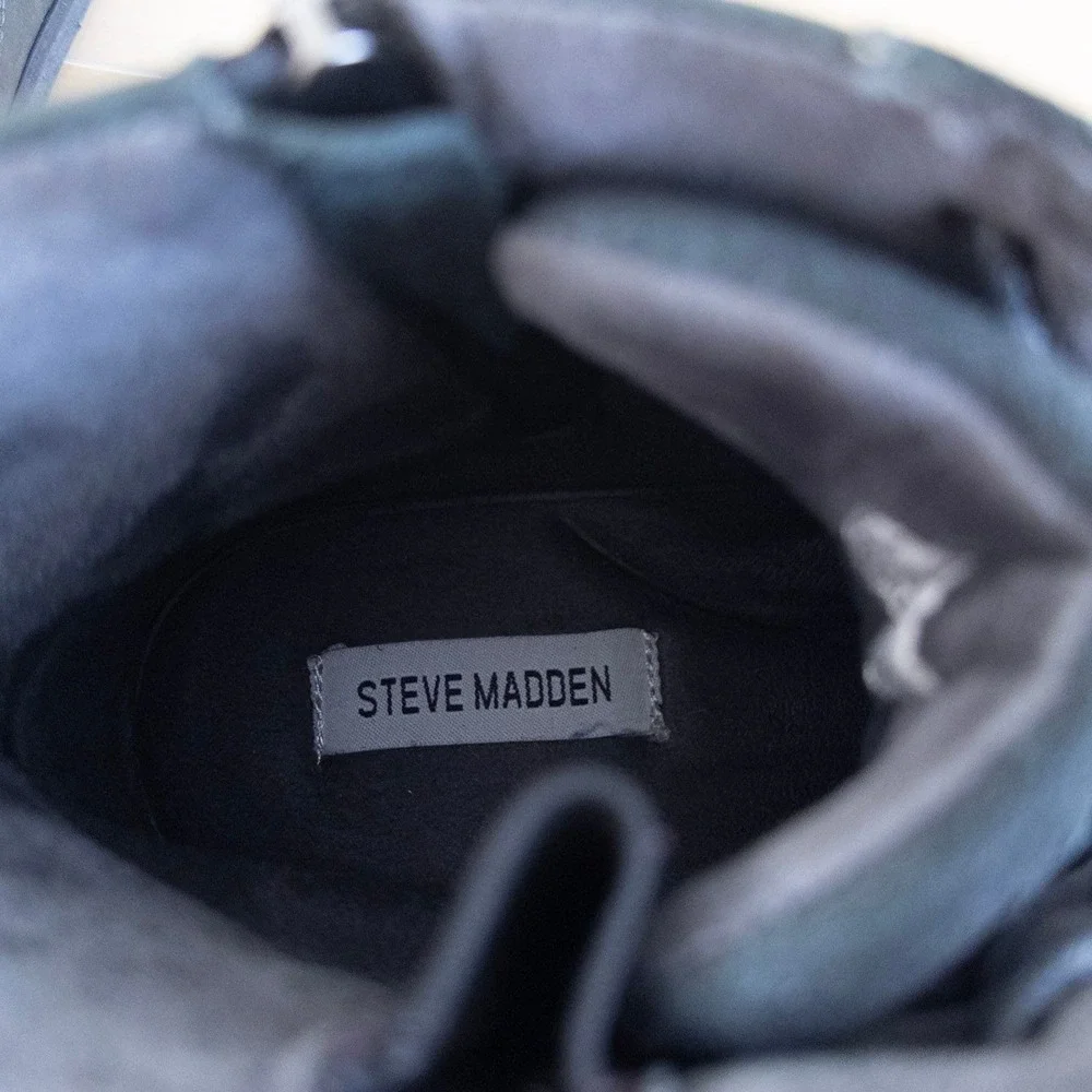 Steve Madden Mens Reflected Boot 13 Black Leather Lace Up Buckle Moto Biker Goth
